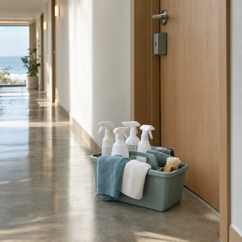 A professional cleaning caddy beside an apartment door with a key lockbox