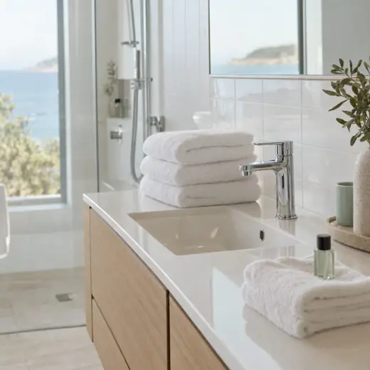 A clean apartment bathroom with folded towels