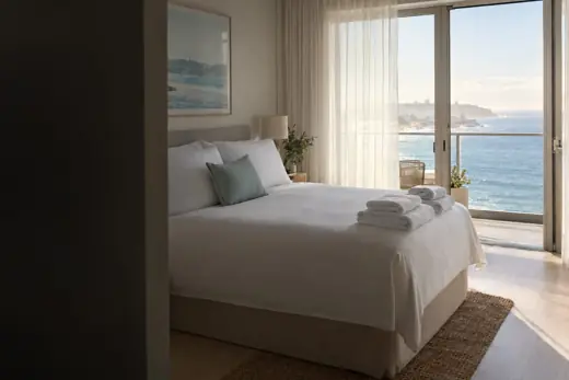 A freshly made bed in a bright beachside apartment